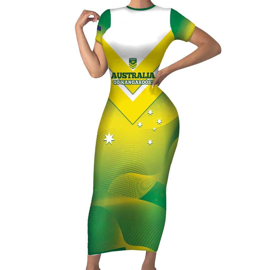 Custom Australia Rugby Family Matching Short Sleeve Bodycon Dress and Hawaiian Shirt 2024 Kangaroos - Gradient Sporty Style