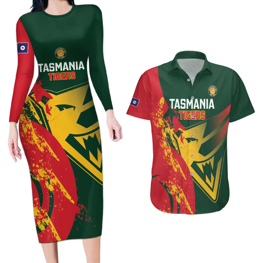 Custom Australia Tasmania Cricket Couples Matching Long Sleeve Bodycon Dress and Hawaiian Shirt Go Tasmanian Tigers - Grunge Style
