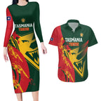 Custom Australia Tasmania Cricket Couples Matching Long Sleeve Bodycon Dress and Hawaiian Shirt Go Tasmanian Tigers - Grunge Style