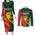 Custom Australia Tasmania Cricket Couples Matching Long Sleeve Bodycon Dress and Long Sleeve Button Shirt Go Tasmanian Tigers - Grunge Style