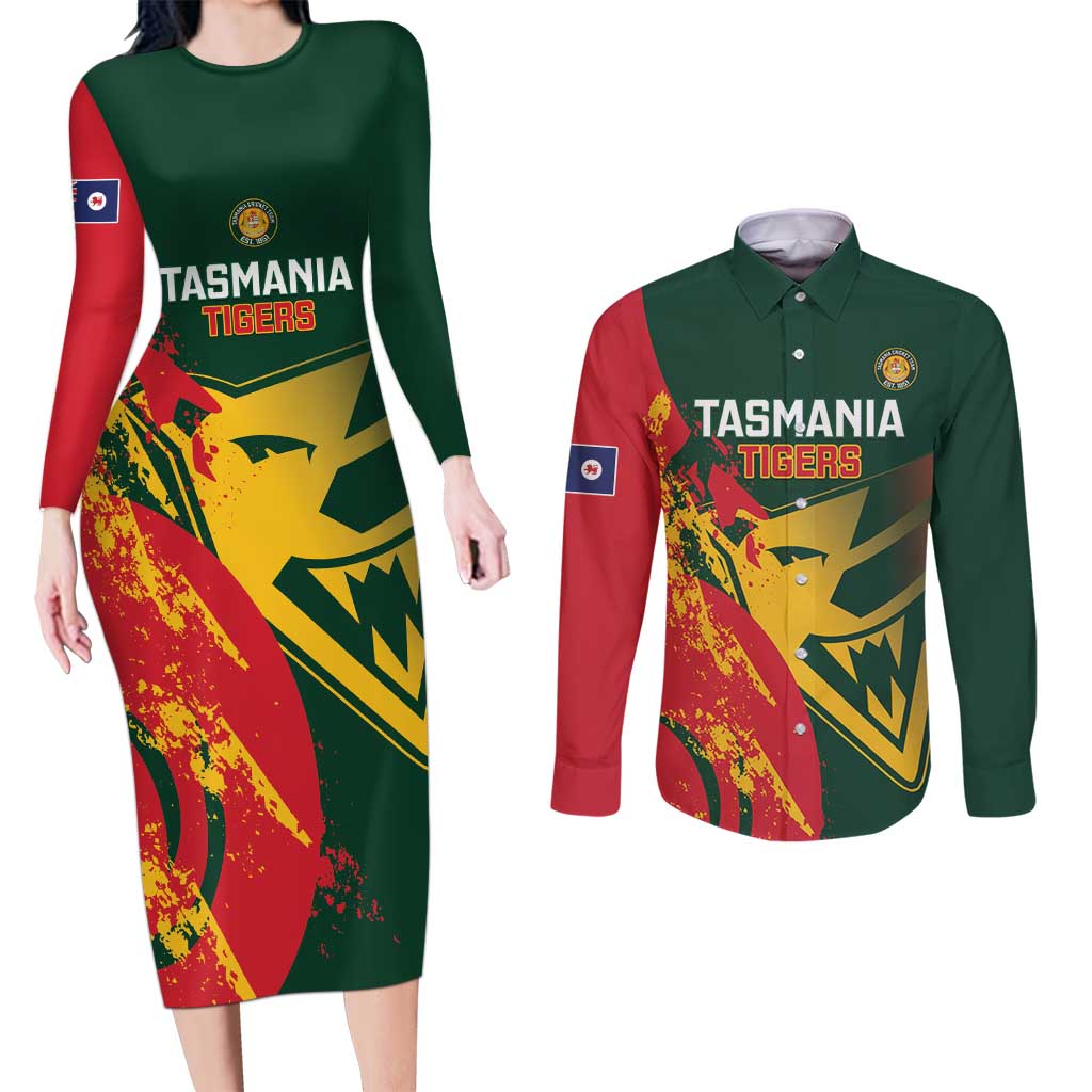 Custom Australia Tasmania Cricket Couples Matching Long Sleeve Bodycon Dress and Long Sleeve Button Shirt Go Tasmanian Tigers - Grunge Style
