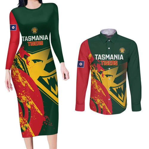 Custom Australia Tasmania Cricket Couples Matching Long Sleeve Bodycon Dress and Long Sleeve Button Shirt Go Tasmanian Tigers - Grunge Style