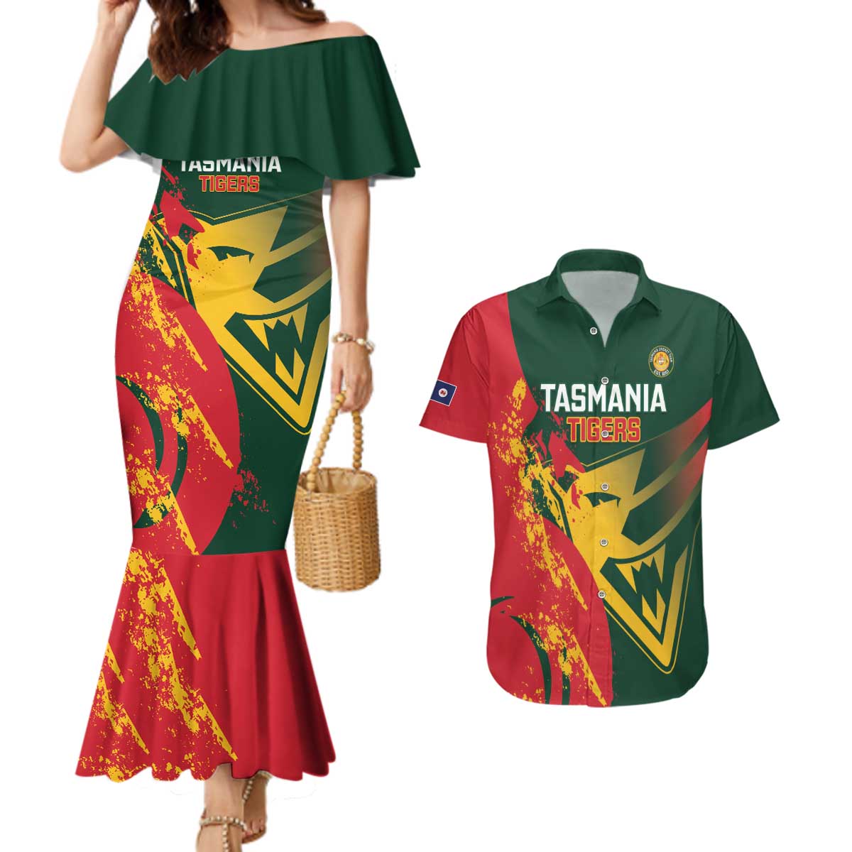Custom Australia Tasmania Cricket Couples Matching Mermaid Dress and Hawaiian Shirt Go Tasmanian Tigers - Grunge Style