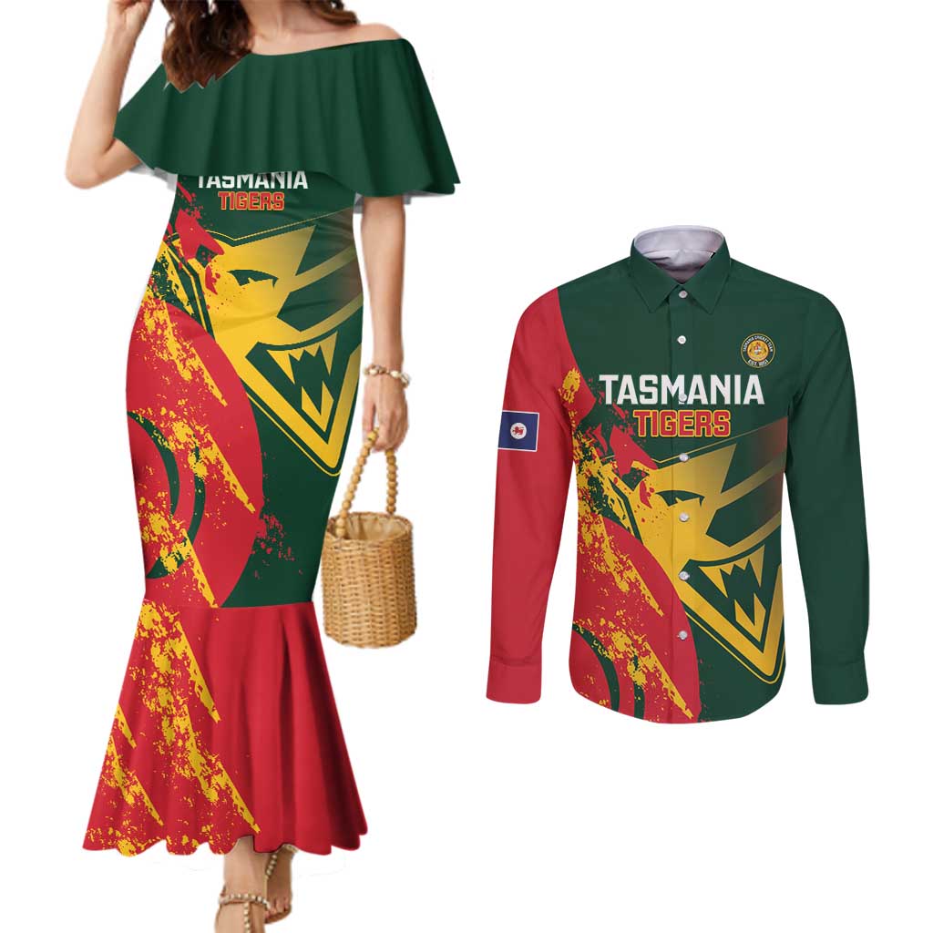 Custom Australia Tasmania Cricket Couples Matching Mermaid Dress and Long Sleeve Button Shirt Go Tasmanian Tigers - Grunge Style