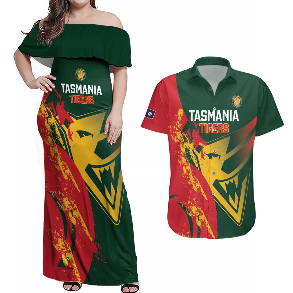 Custom Australia Tasmania Cricket Couples Matching Off Shoulder Maxi Dress and Hawaiian Shirt Go Tasmanian Tigers - Grunge Style