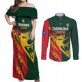 Custom Australia Tasmania Cricket Couples Matching Off Shoulder Maxi Dress and Long Sleeve Button Shirt Go Tasmanian Tigers - Grunge Style
