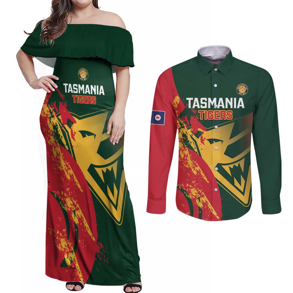 Custom Australia Tasmania Cricket Couples Matching Off Shoulder Maxi Dress and Long Sleeve Button Shirt Go Tasmanian Tigers - Grunge Style