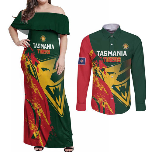 Custom Australia Tasmania Cricket Couples Matching Off Shoulder Maxi Dress and Long Sleeve Button Shirt Go Tasmanian Tigers - Grunge Style