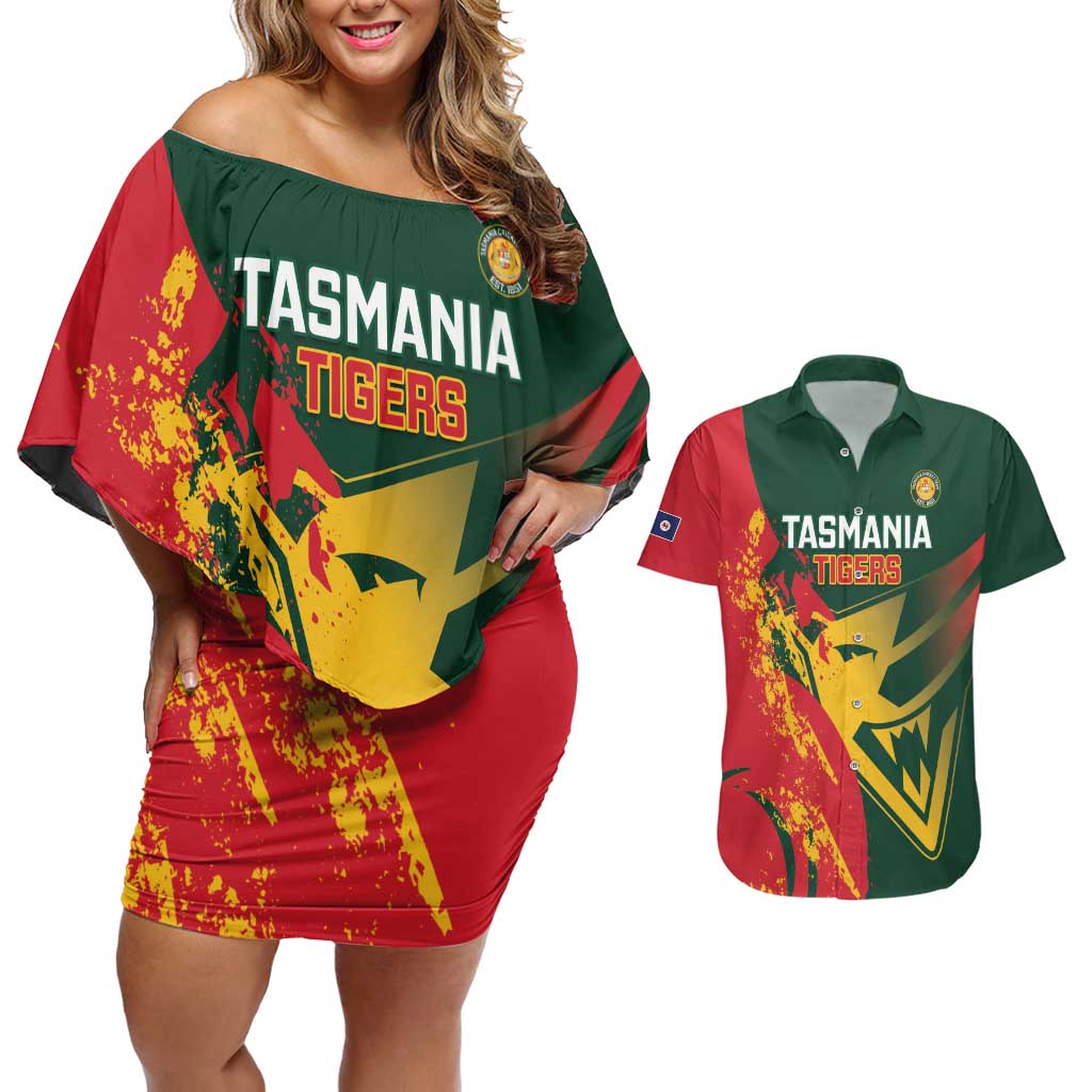 Custom Australia Tasmania Cricket Couples Matching Off Shoulder Short Dress and Hawaiian Shirt Go Tasmanian Tigers - Grunge Style