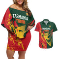 Custom Australia Tasmania Cricket Couples Matching Off Shoulder Short Dress and Hawaiian Shirt Go Tasmanian Tigers - Grunge Style