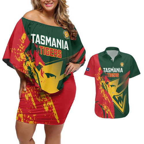 Custom Australia Tasmania Cricket Couples Matching Off Shoulder Short Dress and Hawaiian Shirt Go Tasmanian Tigers - Grunge Style