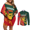 Custom Australia Tasmania Cricket Couples Matching Off Shoulder Short Dress and Long Sleeve Button Shirt Go Tasmanian Tigers - Grunge Style