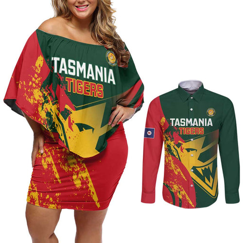 Custom Australia Tasmania Cricket Couples Matching Off Shoulder Short Dress and Long Sleeve Button Shirt Go Tasmanian Tigers - Grunge Style
