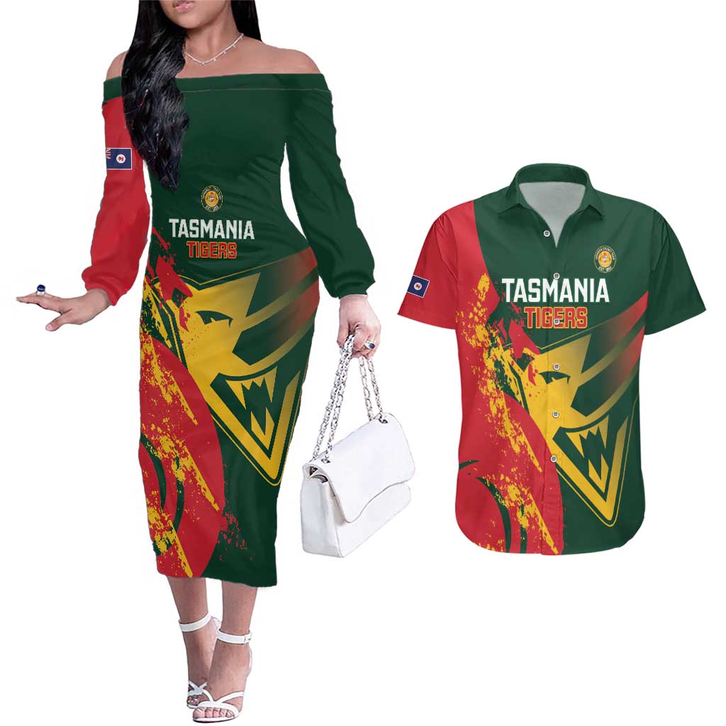 Custom Australia Tasmania Cricket Couples Matching Off The Shoulder Long Sleeve Dress and Hawaiian Shirt Go Tasmanian Tigers - Grunge Style