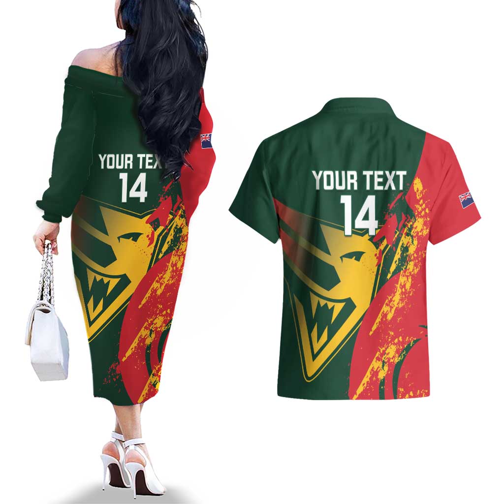 Custom Australia Tasmania Cricket Couples Matching Off The Shoulder Long Sleeve Dress and Hawaiian Shirt Go Tasmanian Tigers - Grunge Style
