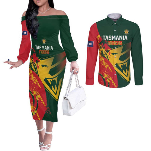 Custom Australia Tasmania Cricket Couples Matching Off The Shoulder Long Sleeve Dress and Long Sleeve Button Shirt Go Tasmanian Tigers - Grunge Style
