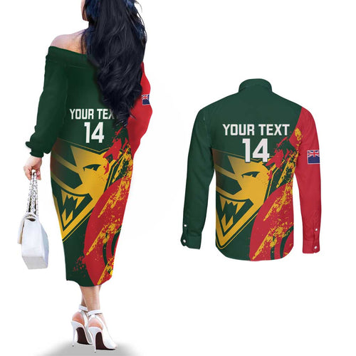 Custom Australia Tasmania Cricket Couples Matching Off The Shoulder Long Sleeve Dress and Long Sleeve Button Shirt Go Tasmanian Tigers - Grunge Style