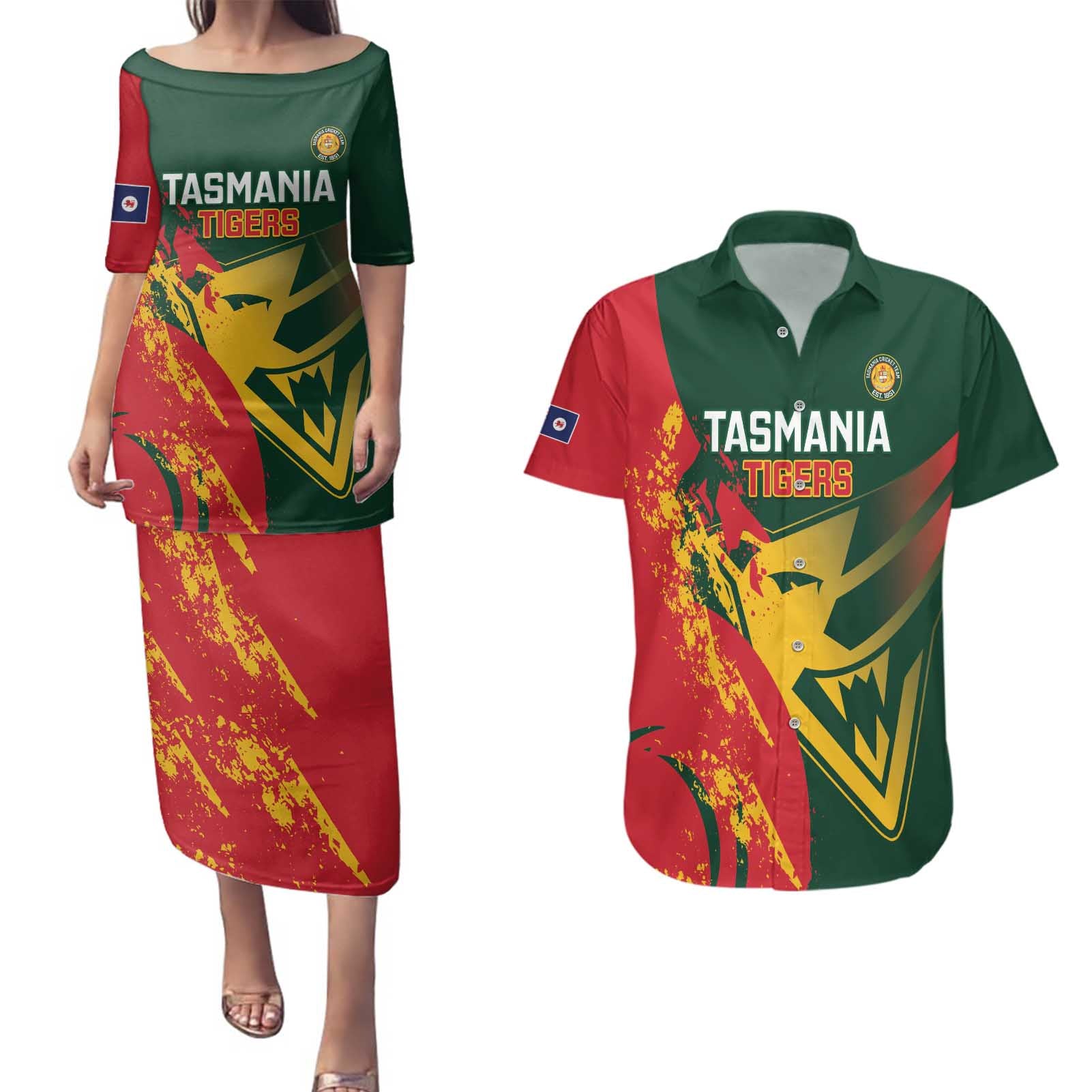 Custom Australia Tasmania Cricket Couples Matching Puletasi and Hawaiian Shirt Go Tasmanian Tigers - Grunge Style