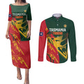 Custom Australia Tasmania Cricket Couples Matching Puletasi and Long Sleeve Button Shirt Go Tasmanian Tigers - Grunge Style