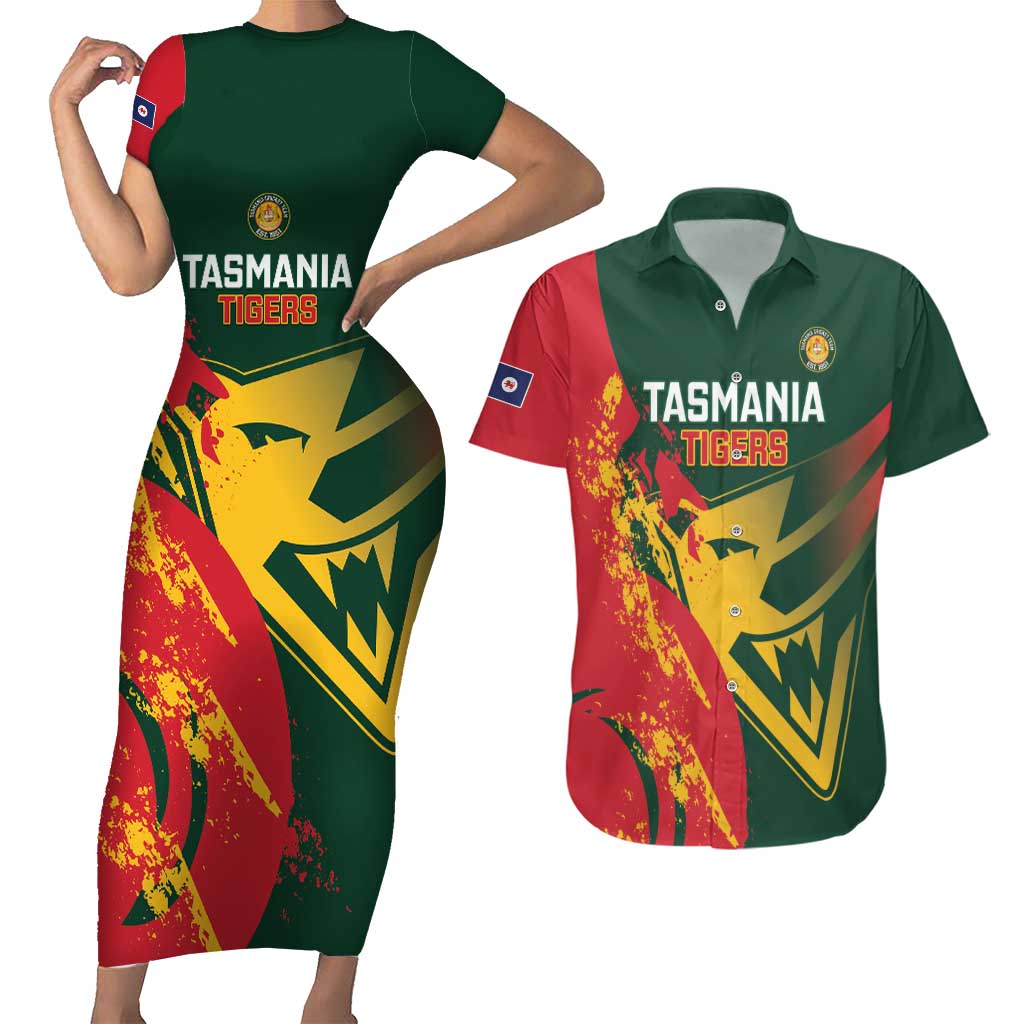 Custom Australia Tasmania Cricket Couples Matching Short Sleeve Bodycon Dress and Hawaiian Shirt Go Tasmanian Tigers - Grunge Style