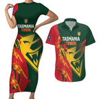 Custom Australia Tasmania Cricket Couples Matching Short Sleeve Bodycon Dress and Hawaiian Shirt Go Tasmanian Tigers - Grunge Style