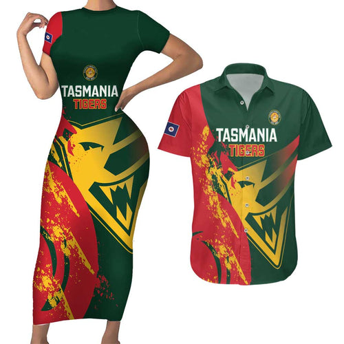 Custom Australia Tasmania Cricket Couples Matching Short Sleeve Bodycon Dress and Hawaiian Shirt Go Tasmanian Tigers - Grunge Style