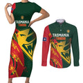 Custom Australia Tasmania Cricket Couples Matching Short Sleeve Bodycon Dress and Long Sleeve Button Shirt Go Tasmanian Tigers - Grunge Style