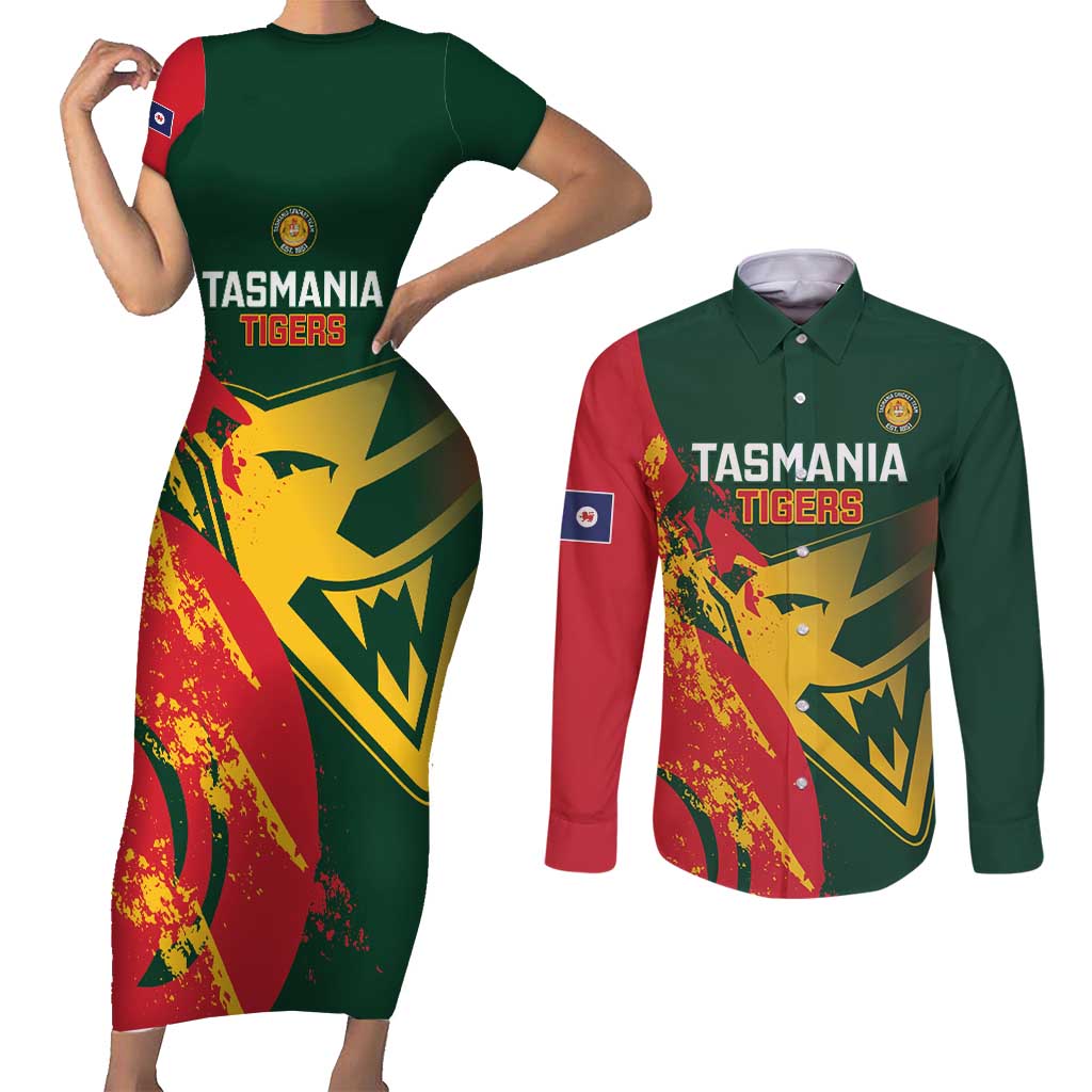 Custom Australia Tasmania Cricket Couples Matching Short Sleeve Bodycon Dress and Long Sleeve Button Shirt Go Tasmanian Tigers - Grunge Style
