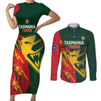 Custom Australia Tasmania Cricket Couples Matching Short Sleeve Bodycon Dress and Long Sleeve Button Shirt Go Tasmanian Tigers - Grunge Style