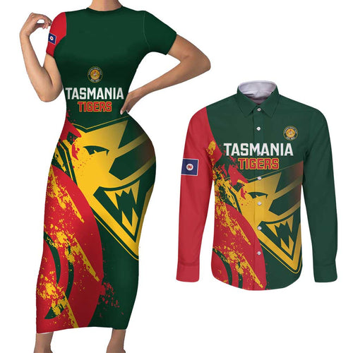 Custom Australia Tasmania Cricket Couples Matching Short Sleeve Bodycon Dress and Long Sleeve Button Shirt Go Tasmanian Tigers - Grunge Style