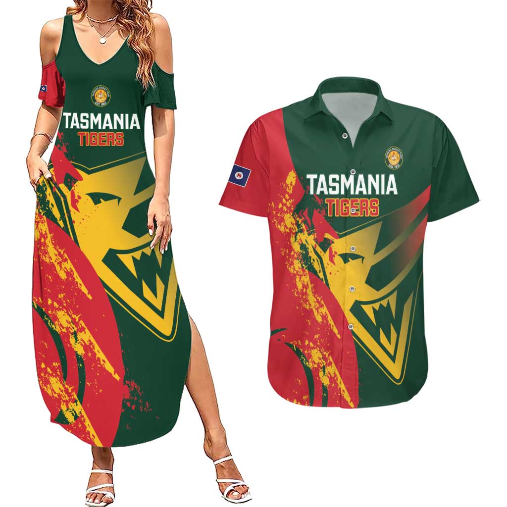 Custom Australia Tasmania Cricket Couples Matching Summer Maxi Dress and Hawaiian Shirt Go Tasmanian Tigers - Grunge Style