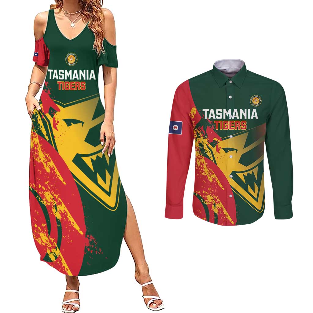 Custom Australia Tasmania Cricket Couples Matching Summer Maxi Dress and Long Sleeve Button Shirt Go Tasmanian Tigers - Grunge Style