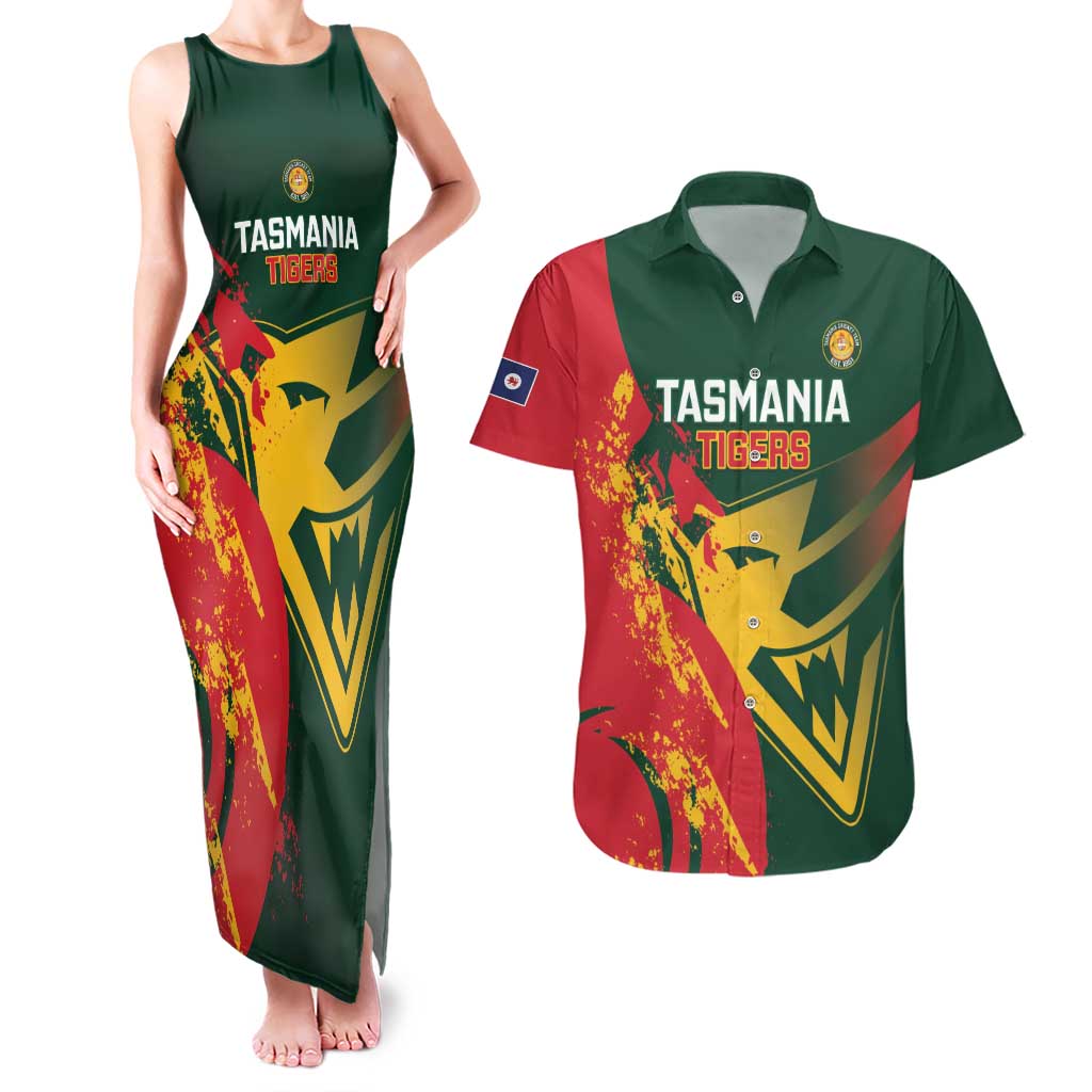 Custom Australia Tasmania Cricket Couples Matching Tank Maxi Dress and Hawaiian Shirt Go Tasmanian Tigers - Grunge Style