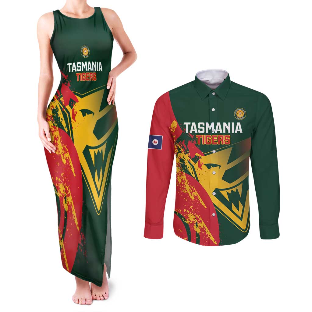 Custom Australia Tasmania Cricket Couples Matching Tank Maxi Dress and Long Sleeve Button Shirt Go Tasmanian Tigers - Grunge Style