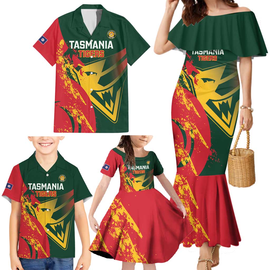 Custom Australia Tasmania Cricket Family Matching Mermaid Dress and Hawaiian Shirt Go Tasmanian Tigers - Grunge Style