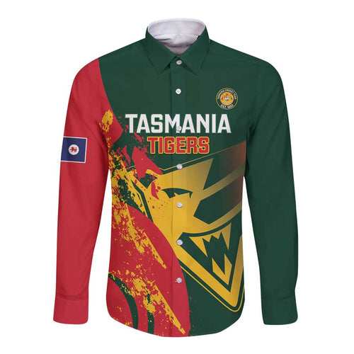 Custom Australia Tasmania Cricket Long Sleeve Button Shirt Go Tasmanian Tigers - Grunge Style