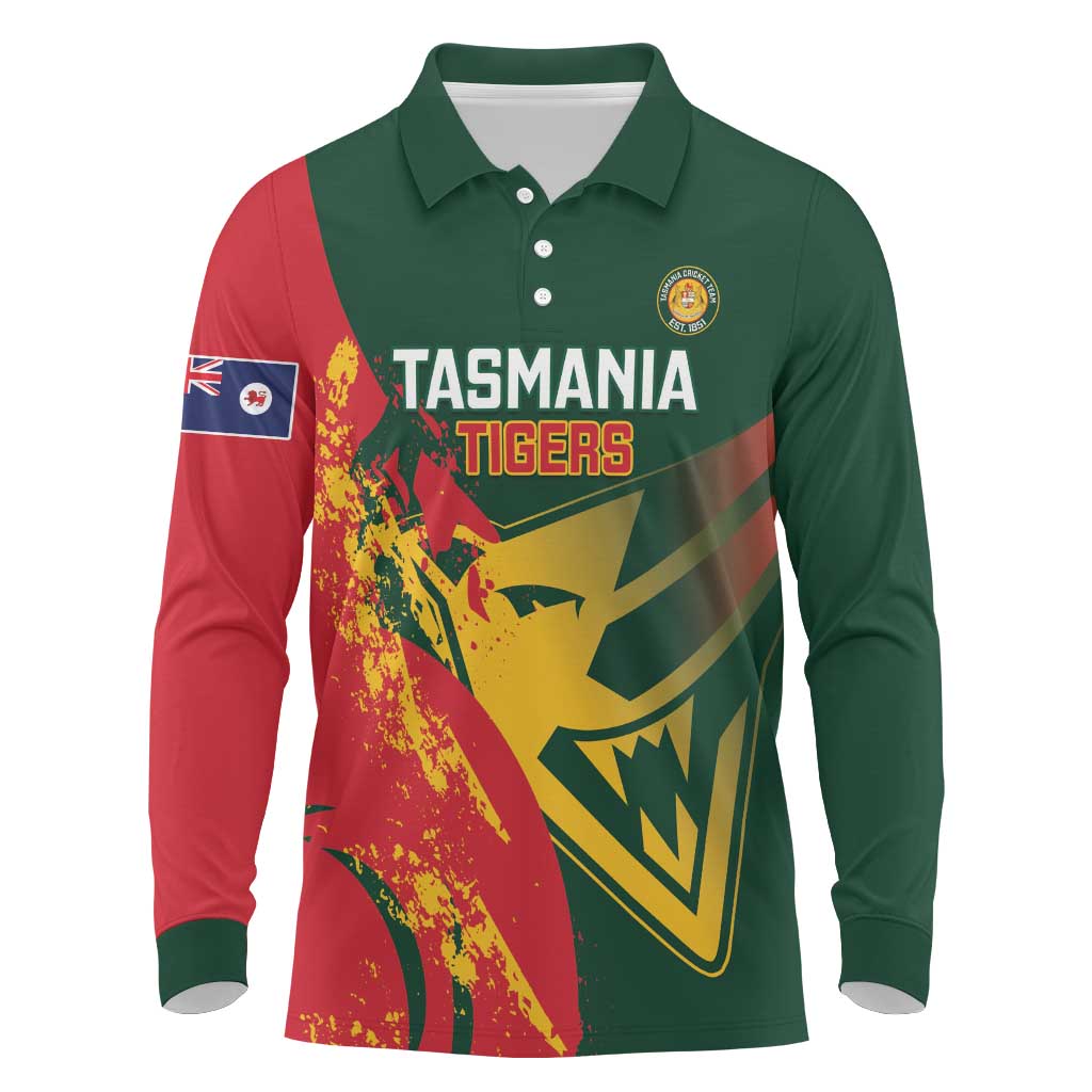 Custom Australia Tasmania Cricket Long Sleeve Polo Shirt Go Tasmanian Tigers - Grunge Style