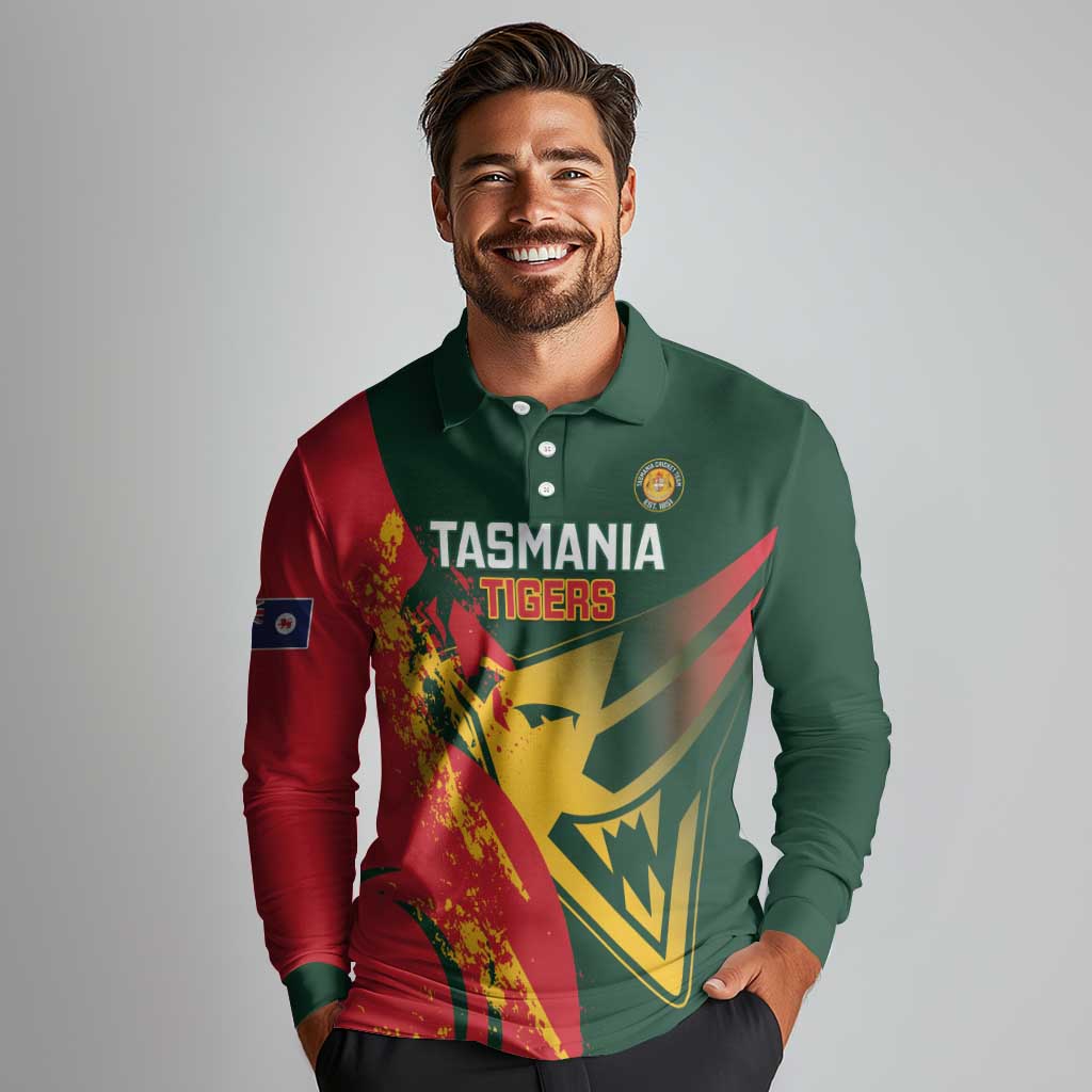 Custom Australia Tasmania Cricket Long Sleeve Polo Shirt Go Tasmanian Tigers - Grunge Style