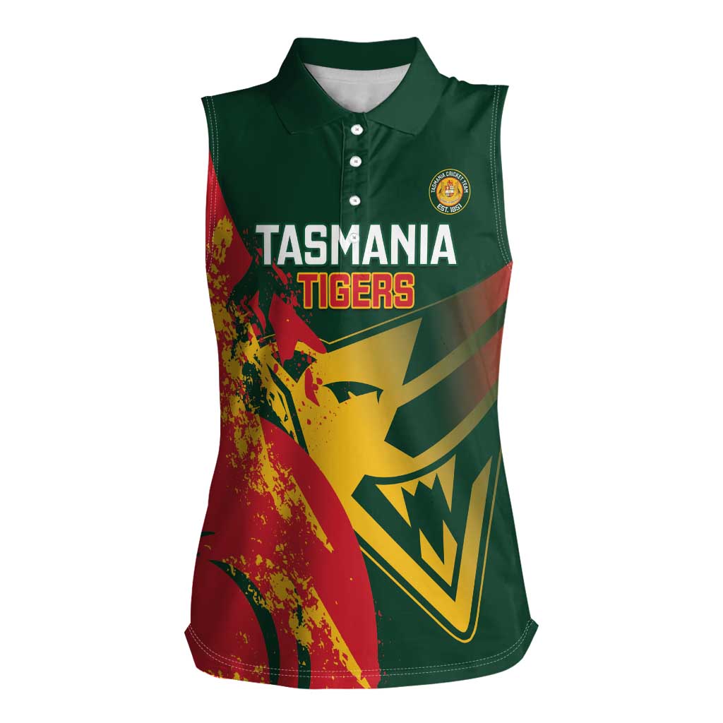 Custom Australia Tasmania Cricket Women Sleeveless Polo Shirt Go Tasmanian Tigers - Grunge Style