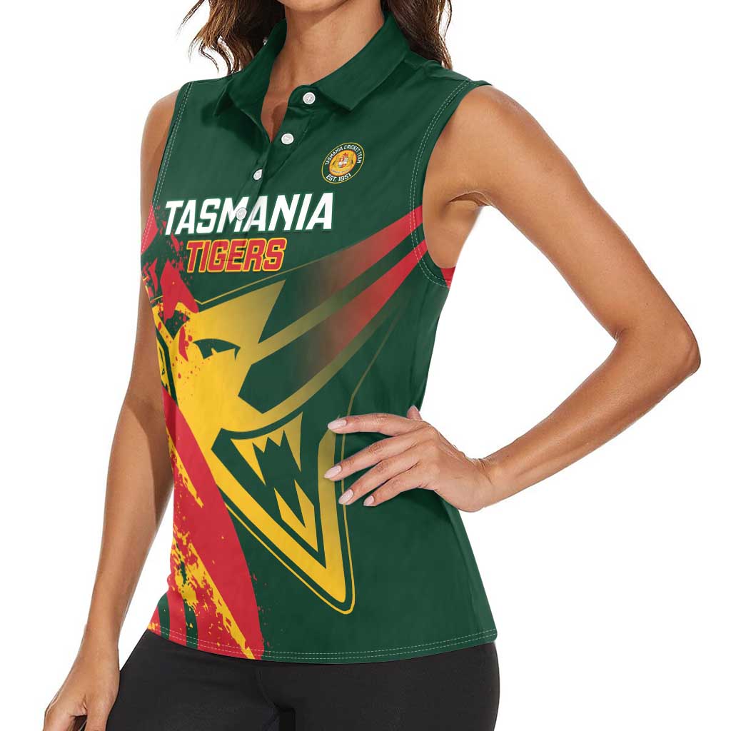 Custom Australia Tasmania Cricket Women Sleeveless Polo Shirt Go Tasmanian Tigers - Grunge Style