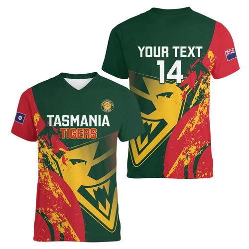 Custom Australia Tasmania Cricket Women V-Neck T-Shirt Go Tasmanian Tigers - Grunge Style