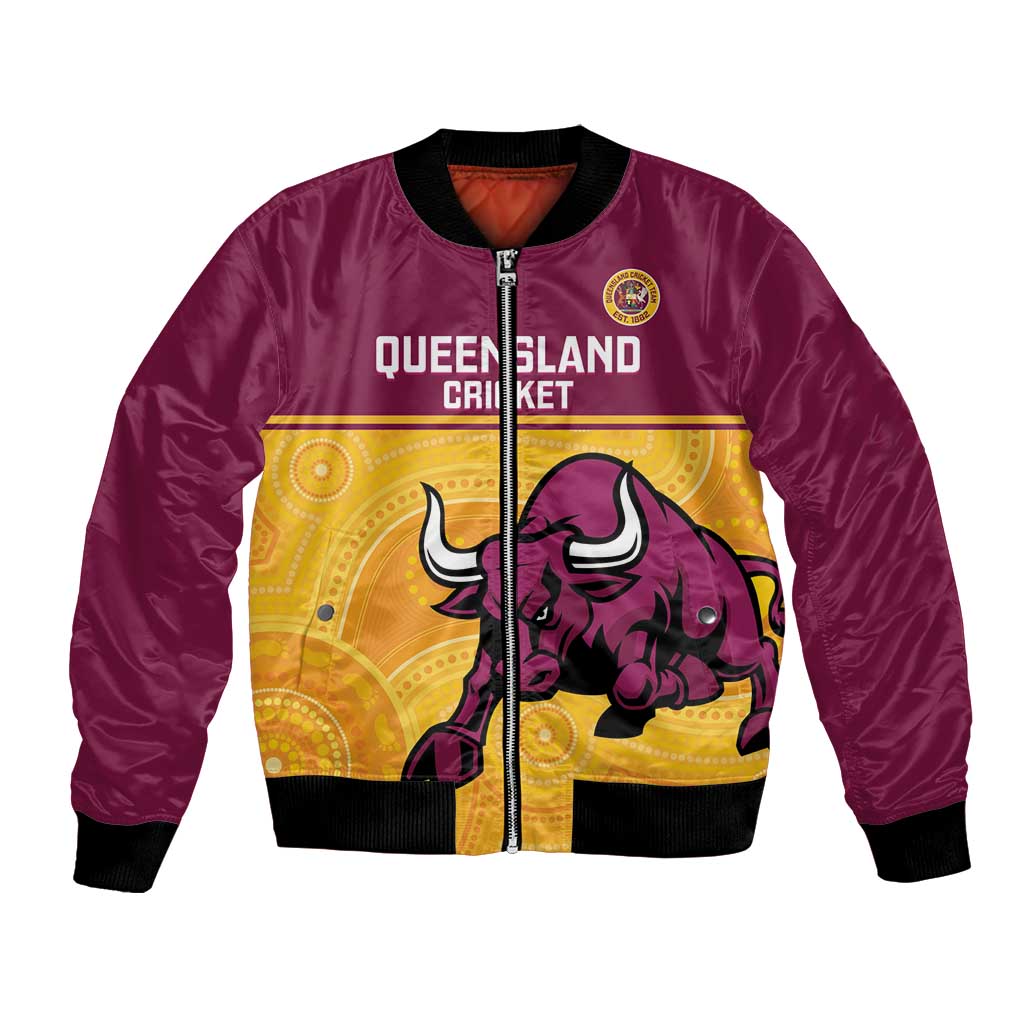 Custom Australia Queensland Cricket Bomber Jacket Go Bulls - Aboriginal Art