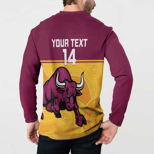 Custom Australia Queensland Cricket Button Sweatshirt Go Bulls - Aboriginal Art