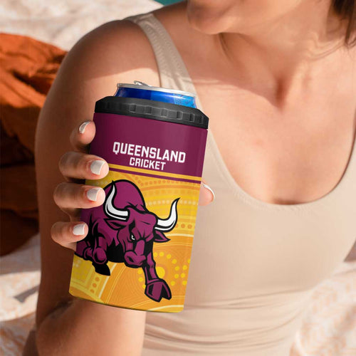 Custom Australia Queensland Cricket 4 in 1 Can Cooler Tumbler Go Bulls - Aboriginal Art