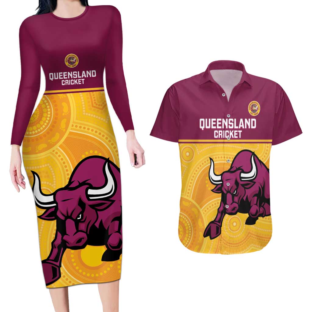 Custom Australia Queensland Cricket Couples Matching Long Sleeve Bodycon Dress and Hawaiian Shirt Go Bulls - Aboriginal Art