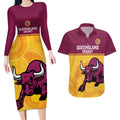 Custom Australia Queensland Cricket Couples Matching Long Sleeve Bodycon Dress and Hawaiian Shirt Go Bulls - Aboriginal Art