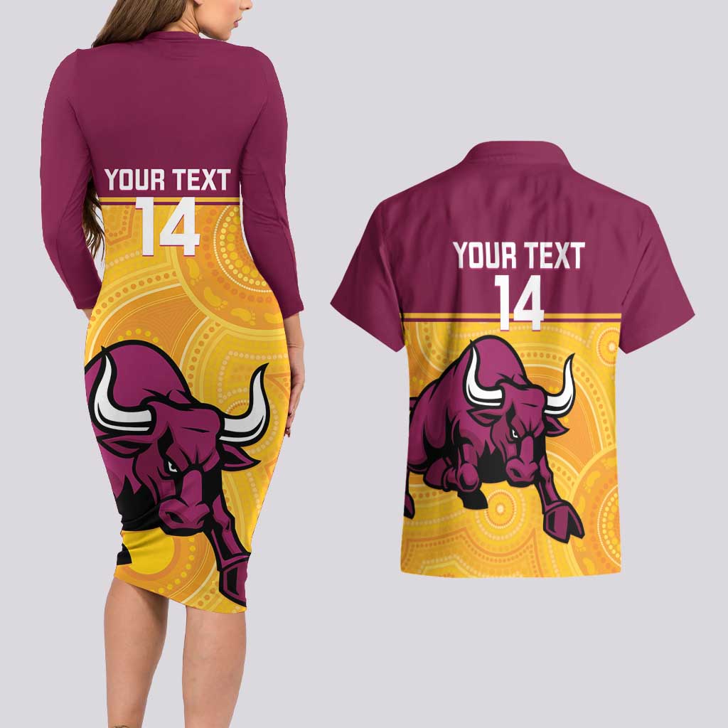 Custom Australia Queensland Cricket Couples Matching Long Sleeve Bodycon Dress and Hawaiian Shirt Go Bulls - Aboriginal Art