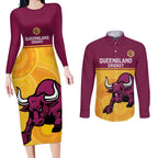 Custom Australia Queensland Cricket Couples Matching Long Sleeve Bodycon Dress and Long Sleeve Button Shirt Go Bulls - Aboriginal Art