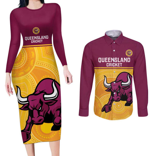 Custom Australia Queensland Cricket Couples Matching Long Sleeve Bodycon Dress and Long Sleeve Button Shirt Go Bulls - Aboriginal Art