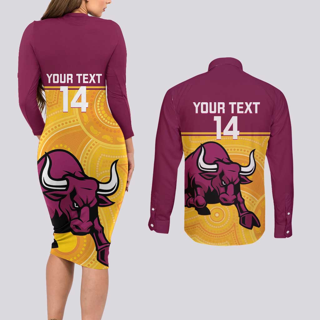 Custom Australia Queensland Cricket Couples Matching Long Sleeve Bodycon Dress and Long Sleeve Button Shirt Go Bulls - Aboriginal Art